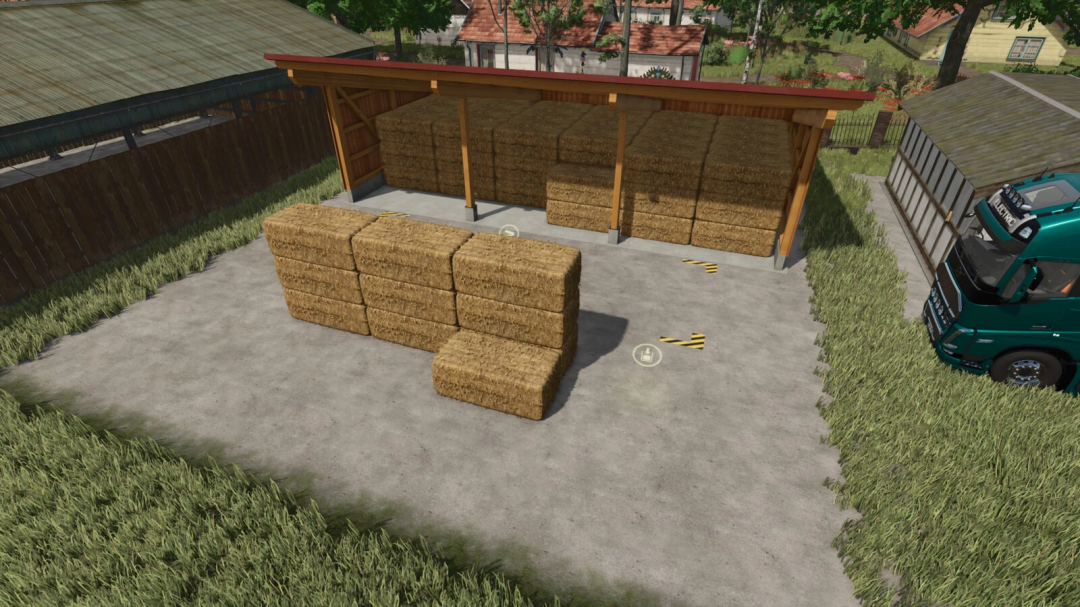 Wooden garage with hay bales in FS25 Wooden Garage Object Storage mod v1.0.0.0.