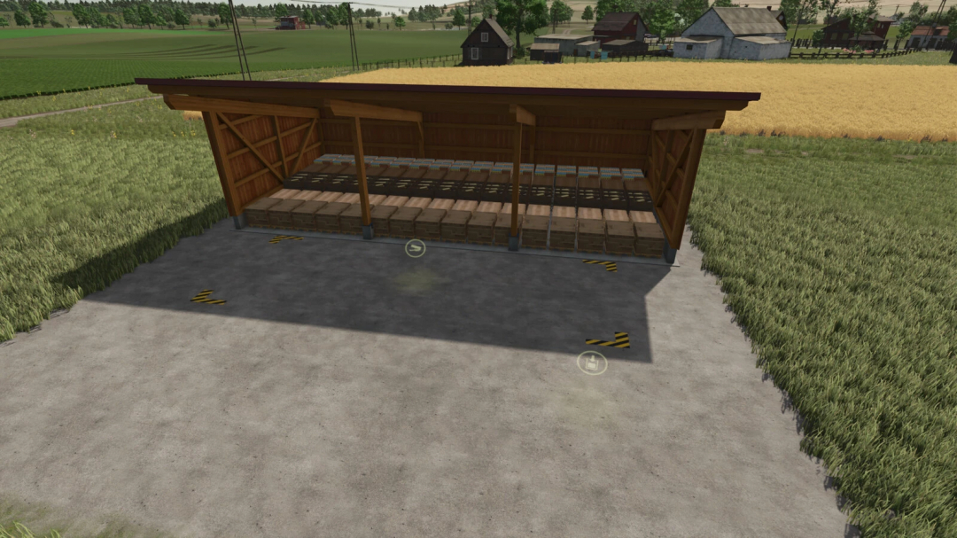 Wooden garage with object storage, part of FS25 mods for Farming Simulator 25, set in a rural grassy landscape.