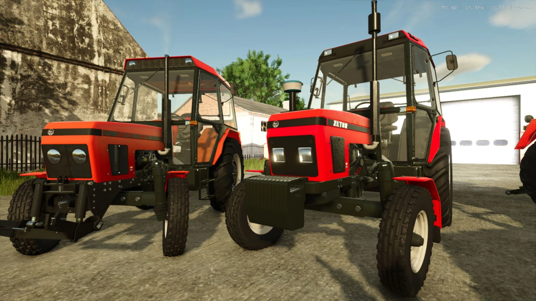 Zetor 5211-7745 tractors mod in Farming Simulator 25, showcasing two red agricultural vehicles in a farm setting.