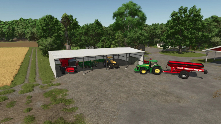 fs25-mods,  4 Bay Shed mod in FS25 featuring tractors and equipment storage on a farm.