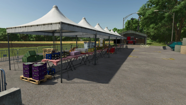 fs25-mods,  FS25 mods Agricultural Fair v1.0.0.0 showcasing market stalls with produce under tents.