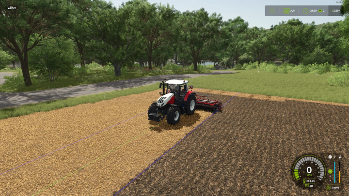 fs25-mods, Tractor using Auto-Disable Steering Assist Lines mod in FS25, plowing field with visible assist lines.