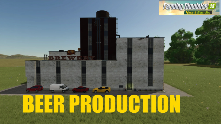 fs25-mods, Beer production mod for Farming Simulator 25, featuring a brewery building in a lush field.