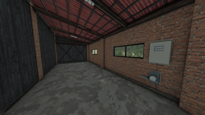 fs25-mods,  Interior of barn with garage from FS25 mods in Farming Simulator 25, featuring brick walls and a metal roof.