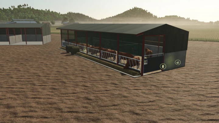 fs25-mods,  British cattle sheds in FS25 mod with cows inside, set in a rural landscape.