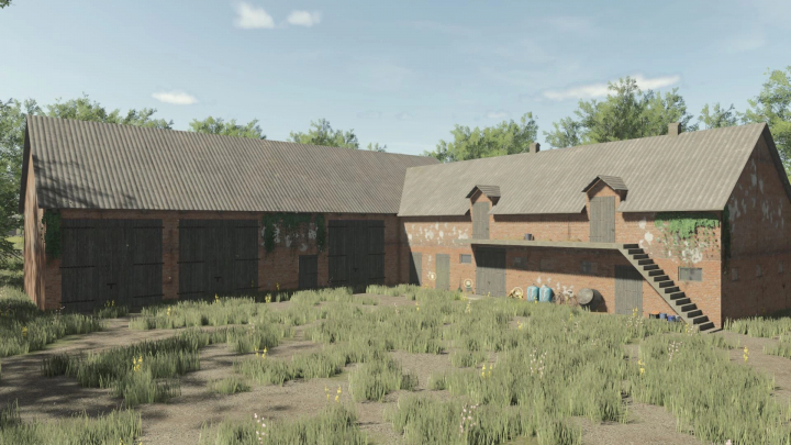 fs25-mods, FS25 mod Buildings With Cows v1.0.0.0 featuring a rustic barn with overgrown grass and ivy, designed for Farming Simulator 25.