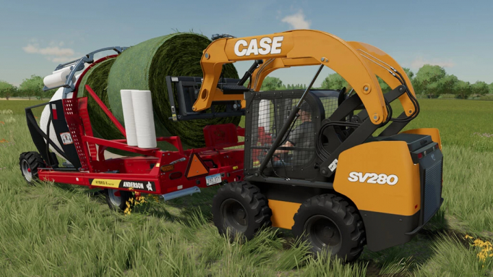 fs22-mods, CASE Skid Steer SV280 moving hay bales in Farming Simulator 22 mod.