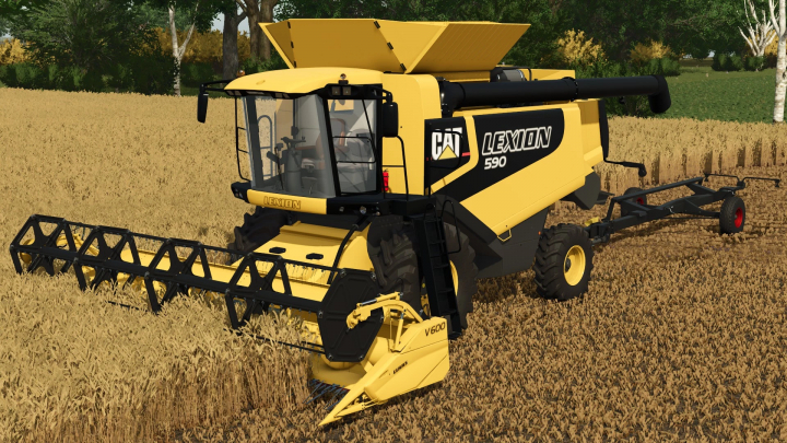 fs25-mods,  CAT Lexion 590 combine harvester mod in FS25 harvesting wheat.