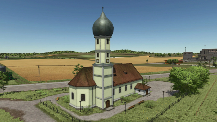 fs25-mods, Church Schondorf mod for FS25 showcases a detailed church building amid lush fields.