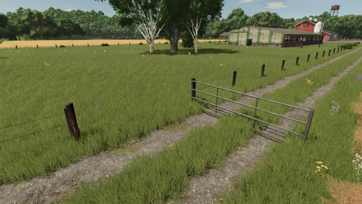 fs25-mods,  FS25 mods Cow Fences v1.0.0.0, rural landscape with fenced field, trees, and barn in Farming Simulator 25.