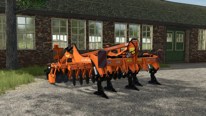 fs25-mods,  DTX 300AR Pack mod for FS25, showcasing orange agricultural machinery in front of a stone building in Farming Simulator 25.