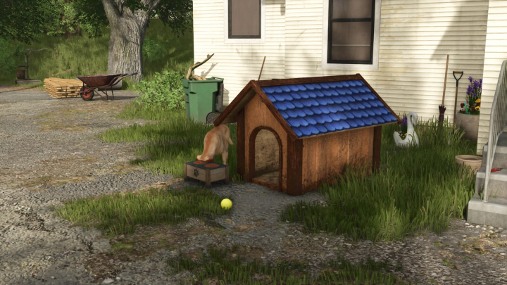 fs25-mods, Fancy Doghouse mod in FS25 featuring a wooden doghouse with a blue roof and a dog eating near a farmhouse.