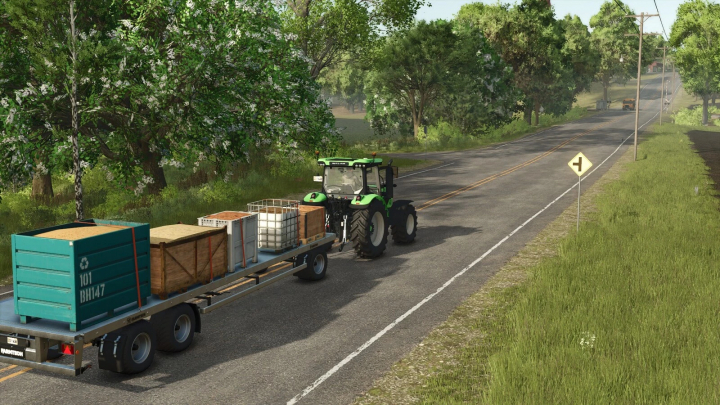 fs25-mods,  FS25 mod Fillable Pallets v1.0.0.0: Tractor hauling pallets on a road in Farming Simulator 25 landscape.