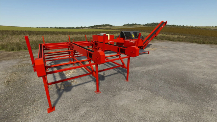 fs25-mods,  Red firewood production equipment in Farming Simulator 25 mod, showcasing machinery on a rural farm setting.