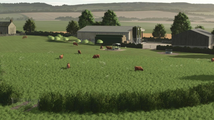 fs25-mods, Foxdale Farm mod for FS25 features a lush green pasture with grazing cows and farm buildings in the background.