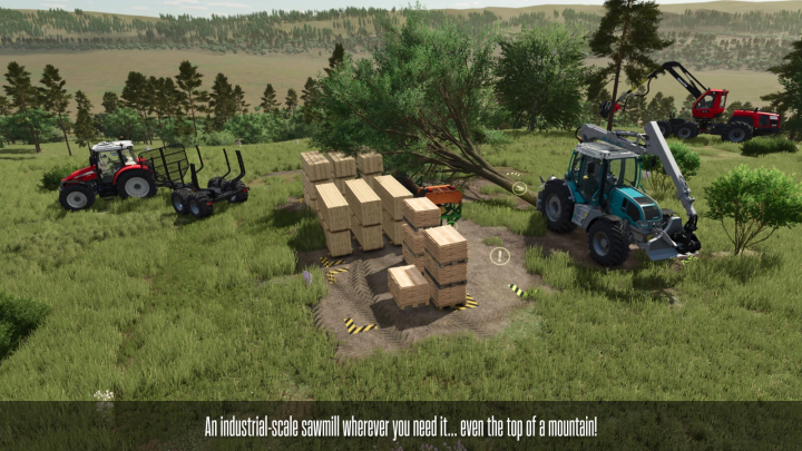 fs25-mods,  FS25 mod Industrial Sawmill v1.0.0.0 shows vehicles and logs setup in a forest scene.