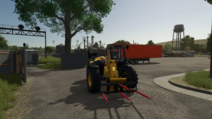 fs25-mods,  JCB Agri Loadall mod in Farming Simulator 25, featuring a telehandler with bale spikes in a farm setting.