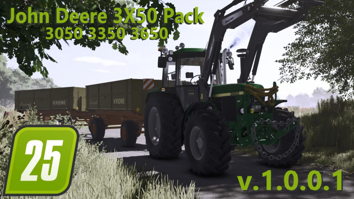 fs25-mods,  FS25 mod John Deere 3X50 Series v1.0.0.1 features a green tractor with a trailer on a rural road.