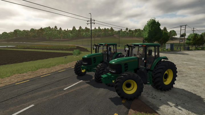 fs25-mods, Two John Deere 6J OLD tractors parked on a road in FS25 mod, showcasing farming simulator scenery.