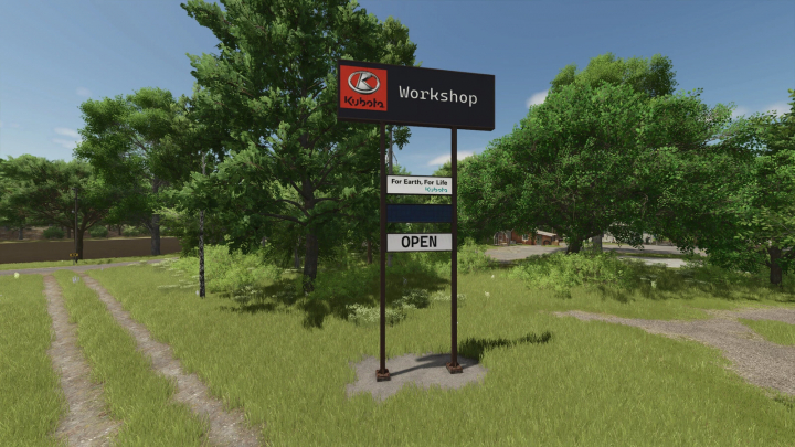 fs25-mods,  Kubota Workshop mod in FS25 features an open sign in a rural setting with lush trees.