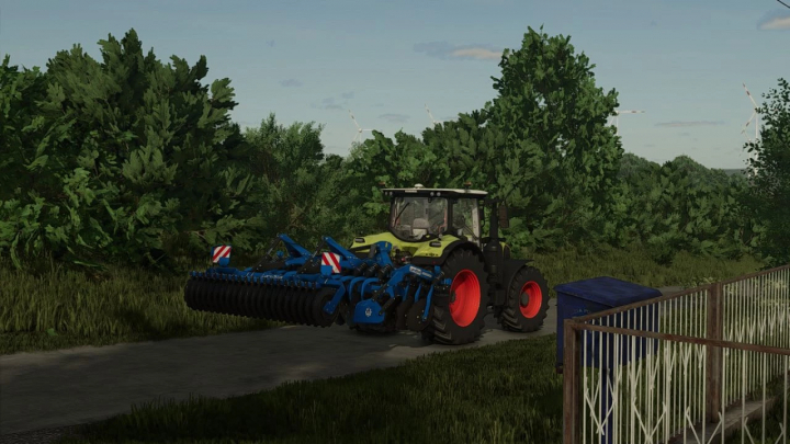 fs25-mods,  A tractor with Landstal BTS 300 attachment on a path in FS25 mods, surrounded by trees.