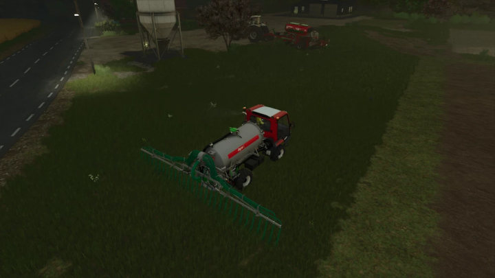 fs25-mods,  Lindner Unitrac 122 mod in Farming Simulator 25 spreading fertilizer on a field at night.