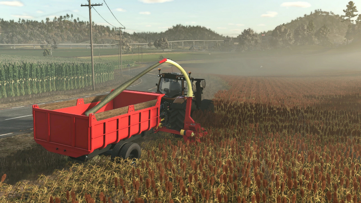 fs25-mods, FS25 mod Lizard FTN 1000 v1.0.0.0 harvesting in a field, showing a red trailer and tractor in Farming Simulator 25.