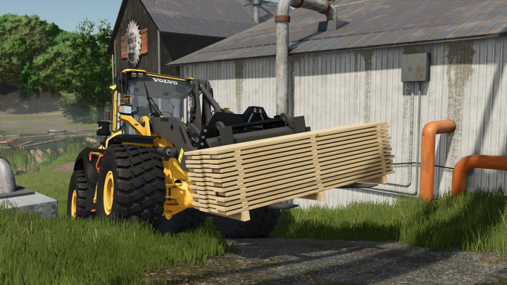 fs25-mods,  Lizard Tilt Attach v1.0.0.0 mod in FS25 lifting wooden planks with a loader near a building.