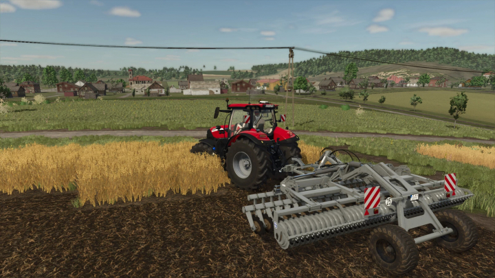 fs25-mods,  Madara Agro Princess mod in FS25, featuring a red tractor with a farming attachment in a lush field.