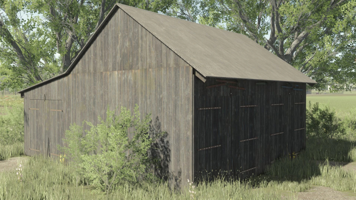 fs25-mods,  Medium Wooden Garage mod for FS25, featuring a rustic wooden structure in a grassy area, Farming Simulator 25 mods.