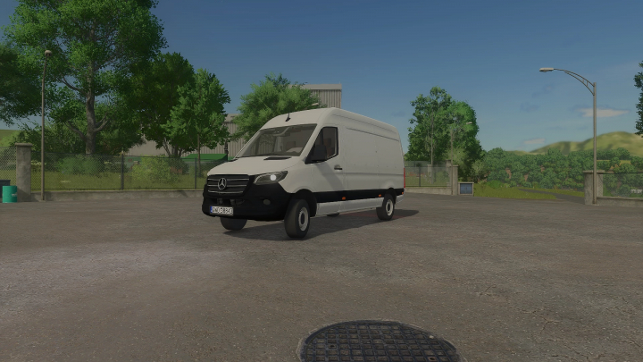 fs25-mods,  Mercedes Benz Sprinter III mod in FS25, showcasing a white van in a rural setting. Farming Simulator 25 mods enhance gameplay with this vehicle.