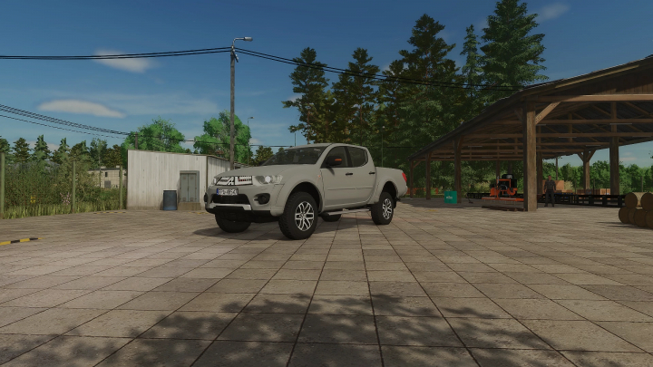 fs25-mods,  FS25 mod image of a Mitsubishi L200 parked in a farm area, showcasing the Mitsubishi L200 Seria 4 v1.0.0.0 mod for Farming Simulator 25.