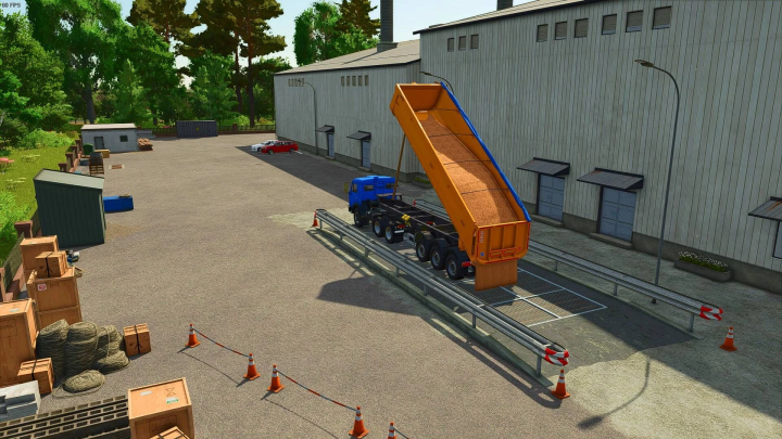 fs25-mods,  NEFAZ 9509 semi trailer unloading grain in Farming Simulator 25 mod scene.