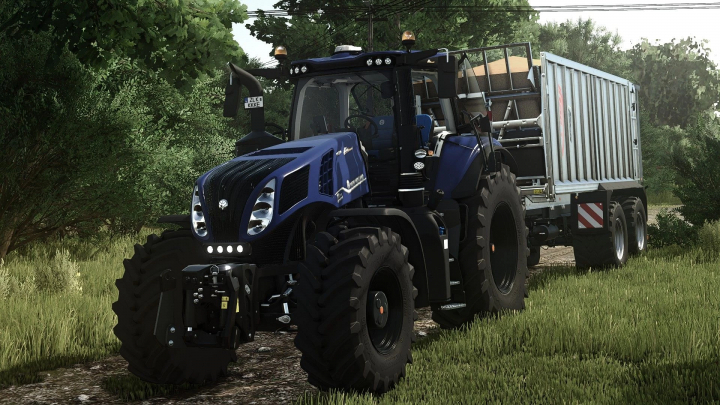 fs25-mods,  New Holland T8 ICS tractor in FS25 mod, parked on a dirt road with a trailer in Farming Simulator 25.