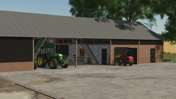 fs25-mods,  Old German Barn Pack v1.0.0.0 mod for Farming Simulator 25, featuring a traditional barn with tractors parked inside.