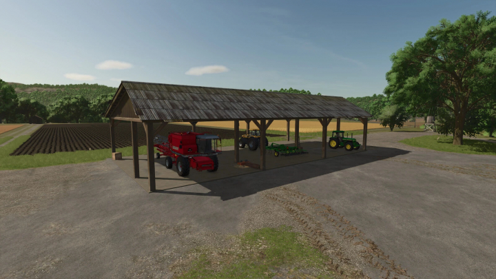 fs25-mods,  Old wooden shed housing farm machinery, part of FS25 mods for Farming Simulator 25.