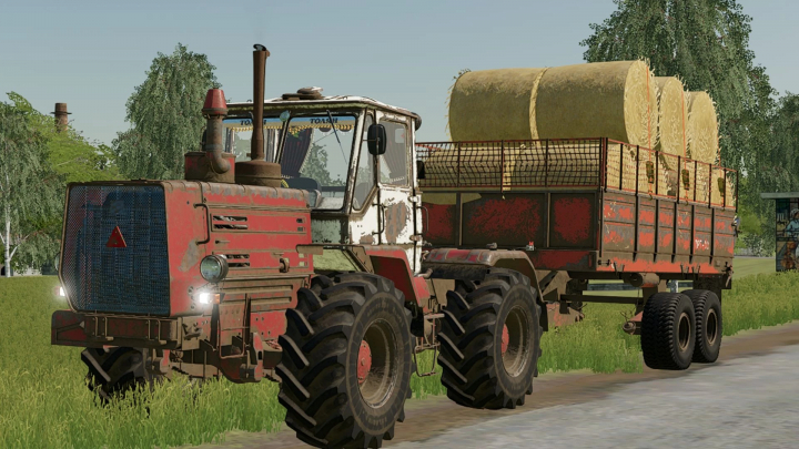 fs22-mods,  FS22 mod PRT-10 trailer v1.1.0.0 carrying hay bales on a tractor in Farming Simulator 22.