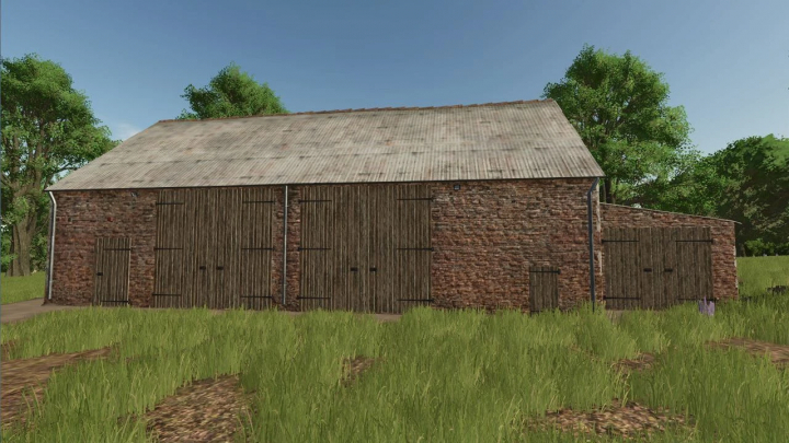 fs25-mods,  Old brick barn mod in Farming Simulator 25, featuring a rustic structure surrounded by grass and trees. FS25 mods.