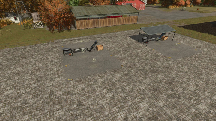 fs25-mods, FS25 mods Palletizer v1.0.0.0 showcasing loading equipment and storage area on cobblestone ground.