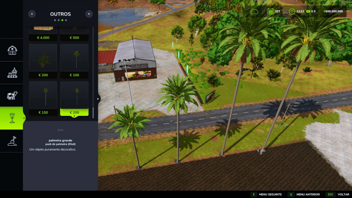 fs25-mods,  FS25 mod showing palm tree pack v1.0.0.0 with decorative palm trees near a road and building.