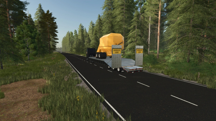 fs25-mods,  FS25 Peat Equipment Pack v1.0.0.0 mod showcasing a truck transporting an oversized load on a forest road.