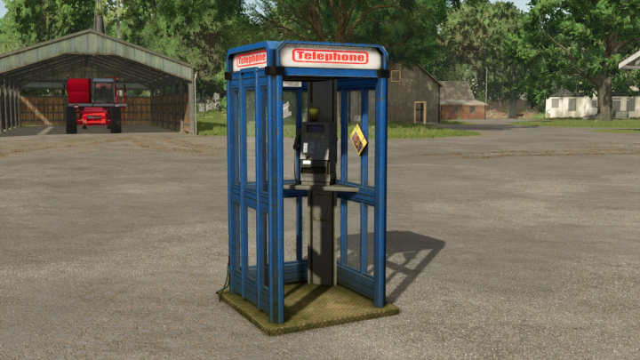 fs25-mods,  FS25 mod: Phonebooth Teleporter v1.0.0.0, a blue phone booth in a farm setting in Farming Simulator 25.