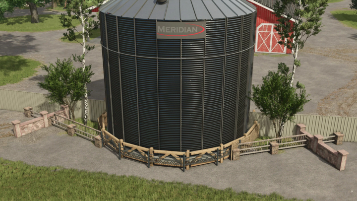 fs25-mods, FS25 mods: Place Fences Anywhere v1.0.0.0 showing a metal silo with diverse fencing and trees.