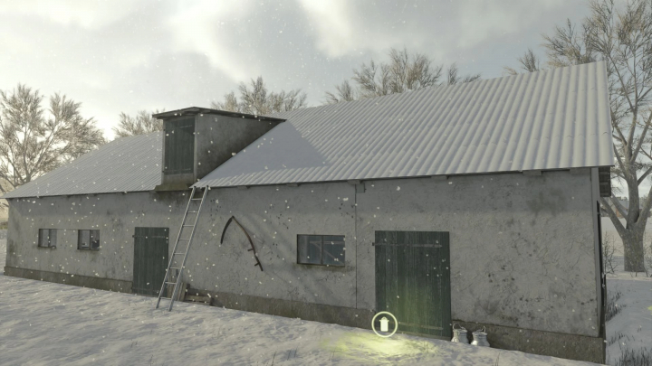 fs25-mods,  Polish Small Cow Barn mod in FS25, featuring a rustic structure covered in snow.