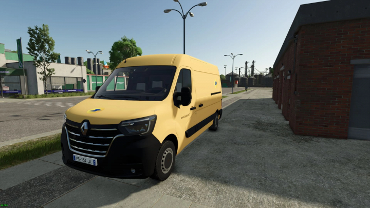 fs25-mods,  Renault Master 2020 La Poste mod in FS25, parked beside a brick building.