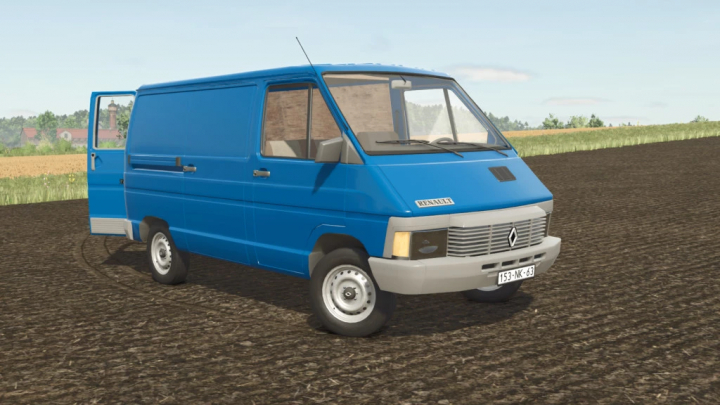 fs25-mods,  Renault Trafic mod for Farming Simulator 25, showcasing a blue van parked on a dirt field. FS25 mods.