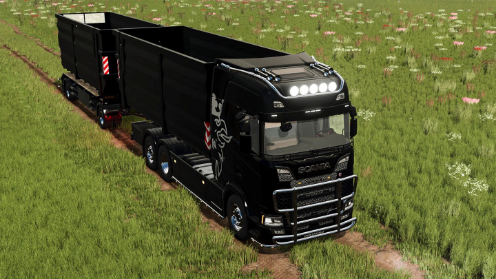 fs25-mods,  Scania S Hooklift truck in FS25 mod driving on a field, Farming Simulator 25 mods.