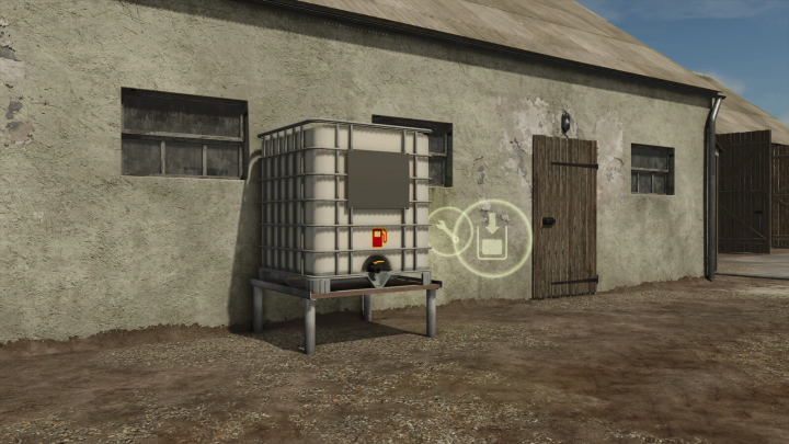 fs25-mods, Self Made Fuel Tank mod in Farming Simulator 25 showing a fuel container next to a rustic building. FS25 mods enhance gameplay.