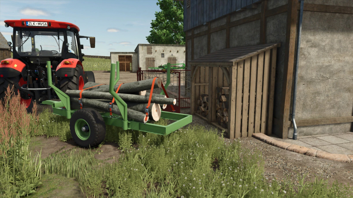 fs25-mods,  Farming Simulator 25 mod showing Selfmade Forest Trailer with logs, attached to a red tractor on a farm.