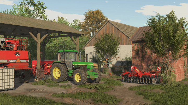 fs25-mods, Farming Simulator 25 mods image showing a small farm with a green tractor and a red harvester beside a barn.